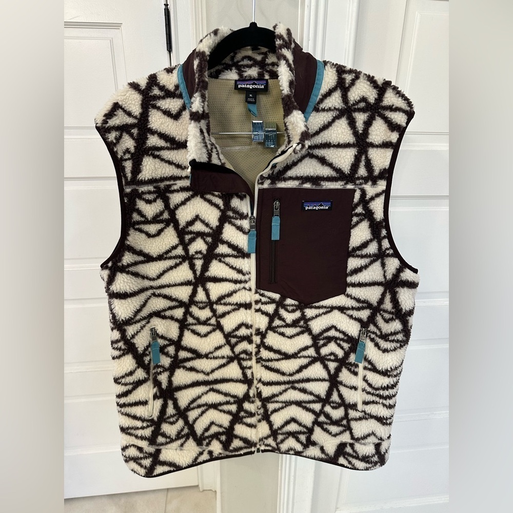 RARE Patagonia Women’s XL Pine Stamp Sherpa Vest Brown Teal Outdoor Gorpcore EUC